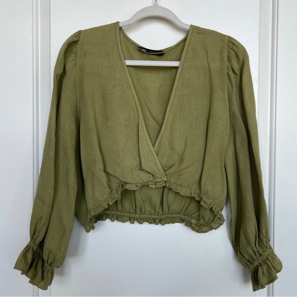 ZARA Olive Green Linen Ruffle Puff Sleeves Cropped Top Women’s Size Medium NWT